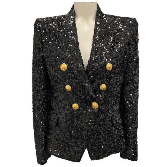 BALMAIN BLACK SEQUIN DOUBLE BREASTED BLAZER - Picture 1 of 7